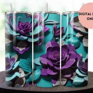 Teal and Pink Flowers Tumbler Wrap | Purple and Teal Floral Tumbler Wrap Design | Purple 20 oz Skinny Tumbler | 3D Tumbler Wrap
