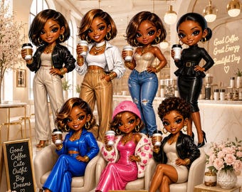 Coffee Girl Chibi PNG Collection, Black Girl Clipart, Coffee Lover PNG, Cute Coffee Black Chibi Characters, Melanin Chibi Art