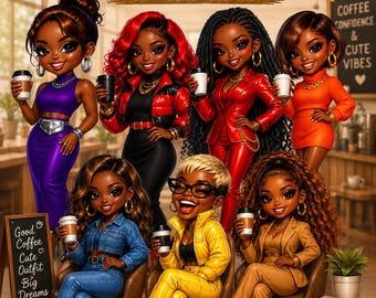 Coffee Girl Chibi PNG, Black Girl Boss Clipart, Fashion Chibi Characters, Coffee Lover PNG, Cute Melanin Women Graphics