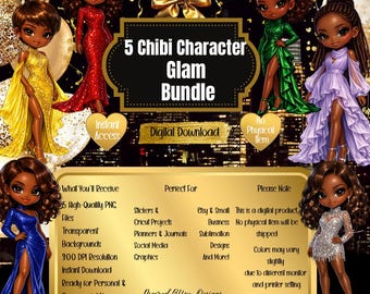 Chibi Black Girl Glam Fashion Illustration Bundle (Digital Download) | Black Girl Stickers