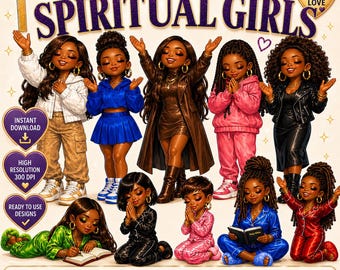 Chibi Spiritual Girls PNG, Black Faith Clipart, Afro Art Set (Digital Download)