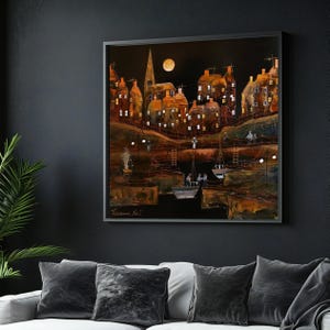 Cityscape Night Canvas Art, Urban Night Scene, Boat Docking Printing, Evening City Lights, Wall Art Canvas Design, Ready to Hang Décor