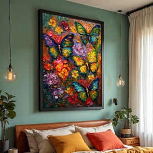 Arte murale con farfalle vivaci, tela colorata con farfalle, stampa floreale con farfalle, design per arte murale su tela, decorazione pronta da appendere
