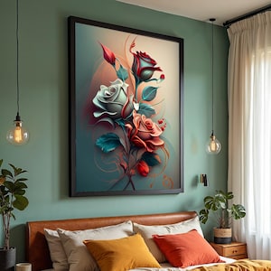 Arte su tela con rose astratte, motivo floreale multicolore, stampa su tela con rose, stampa botanica, decorazione per la casa pronta da appendere