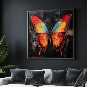 Tela con farfalla colorata, arte vibrante con farfalla, design su tela per arte murale, stampa multicolore con farfalla, decorazione pronta da appendere