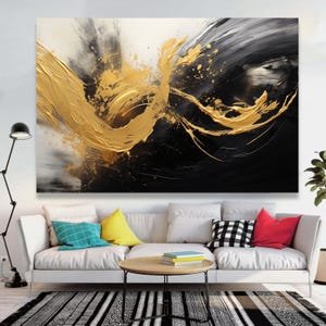 Dynamic Gold Splash Abstract Canvas, Black and White Modern Wall Art, Printed Metallic Paint Canvas for Home Decoration, Luxury Living Room