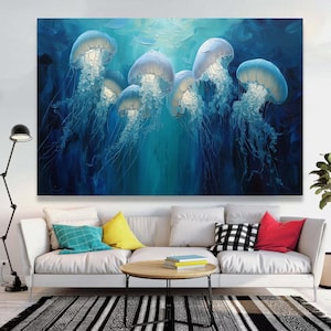 Glowing Jellyfish Canvas Wall Art, Ocean Sea Life Printing, Underwater Marine Scene, Blue Aquatic Home Decor, Ready to Hang Art