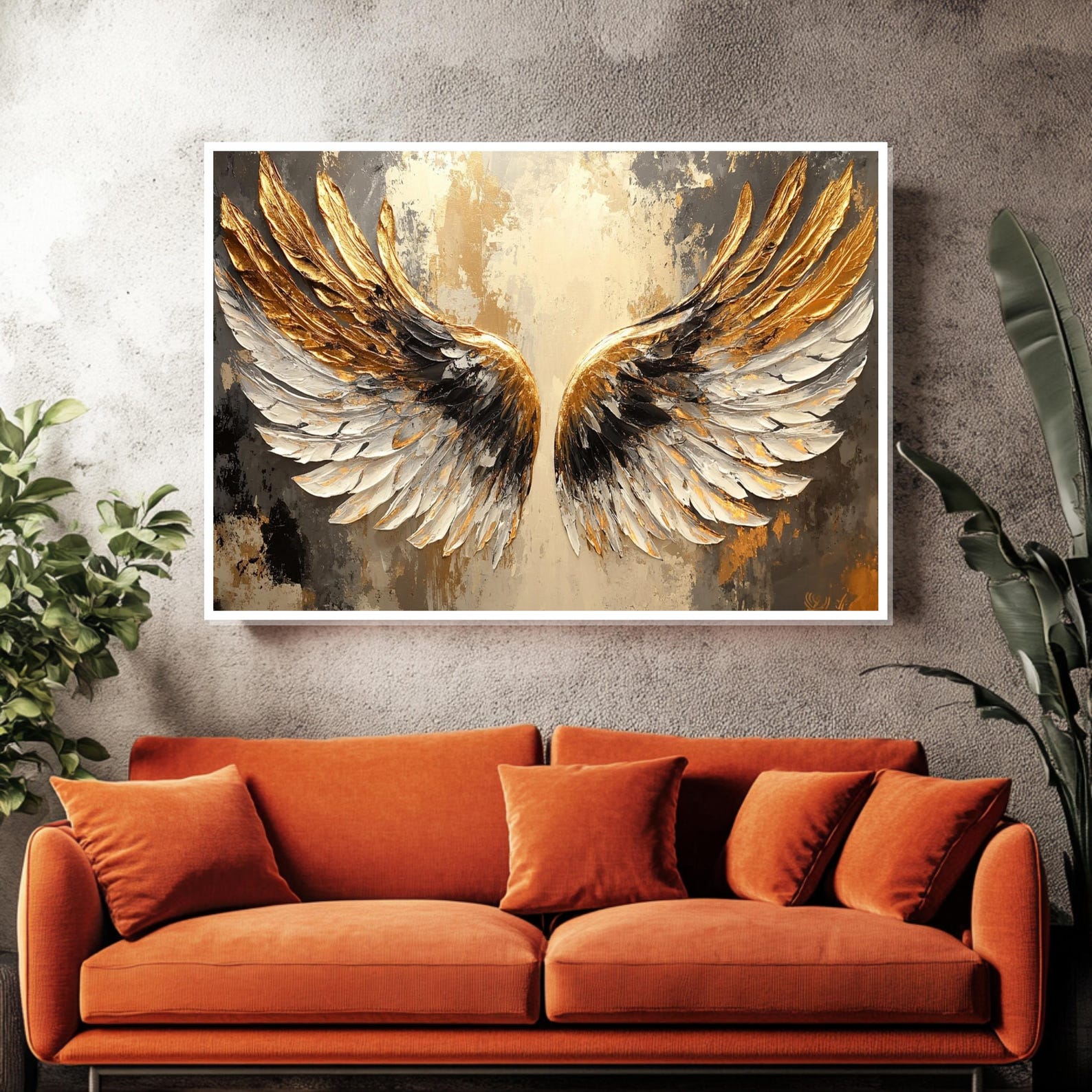 Golden Angel Wings Canvas, Textured Wings Wall Art, Elegant Metallic