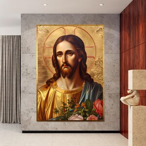 Holy Icon Canvas, Religious Art, Jesus Wall Art, Sacred Gold Leaf Print, Spiritual Canvas Design, Ready to Hang Decoration