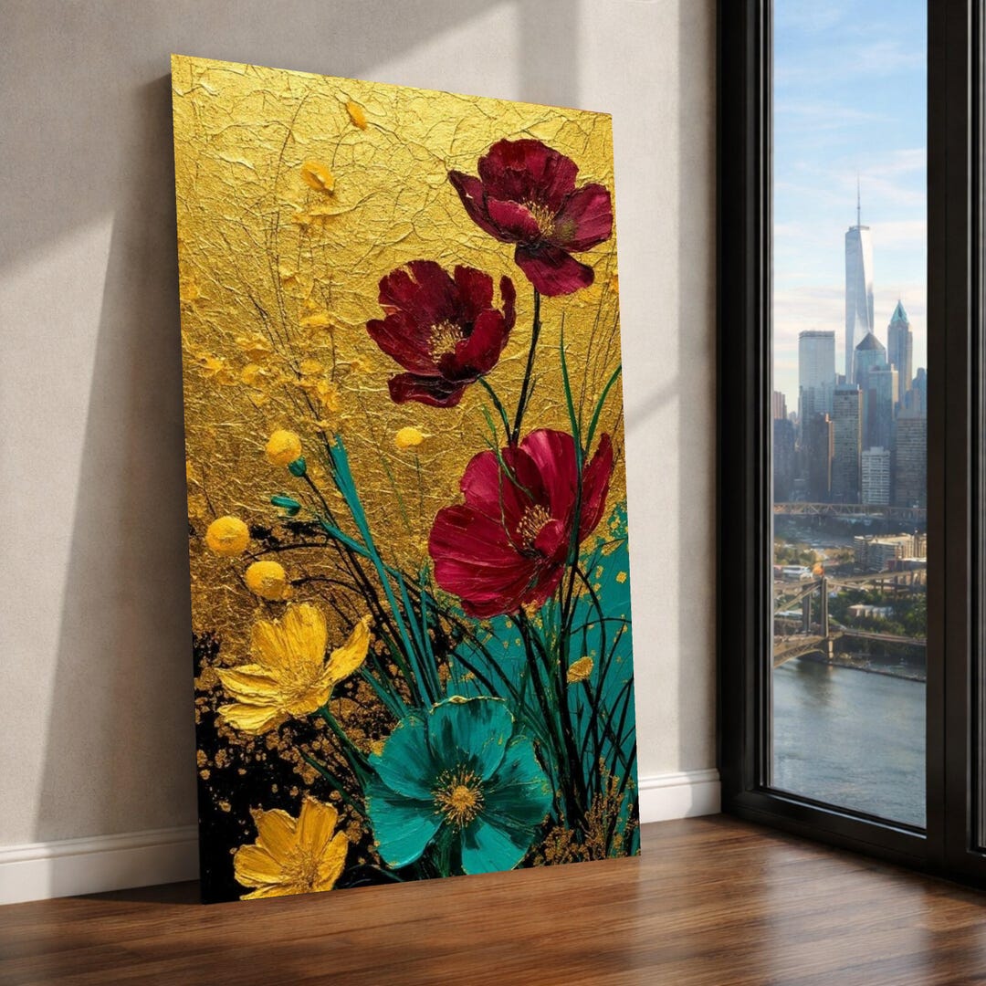 Elegant Floral Canvas Wall Art, Gustav Klimt Style Flowers, Gold Leaf ...