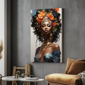 Vibrant Beauty, Floral Headwrap Canvas, Bold Fashion Art, Wall Art Canvas Design, Ready to Hang Home Decor, Elegant Portrait Art