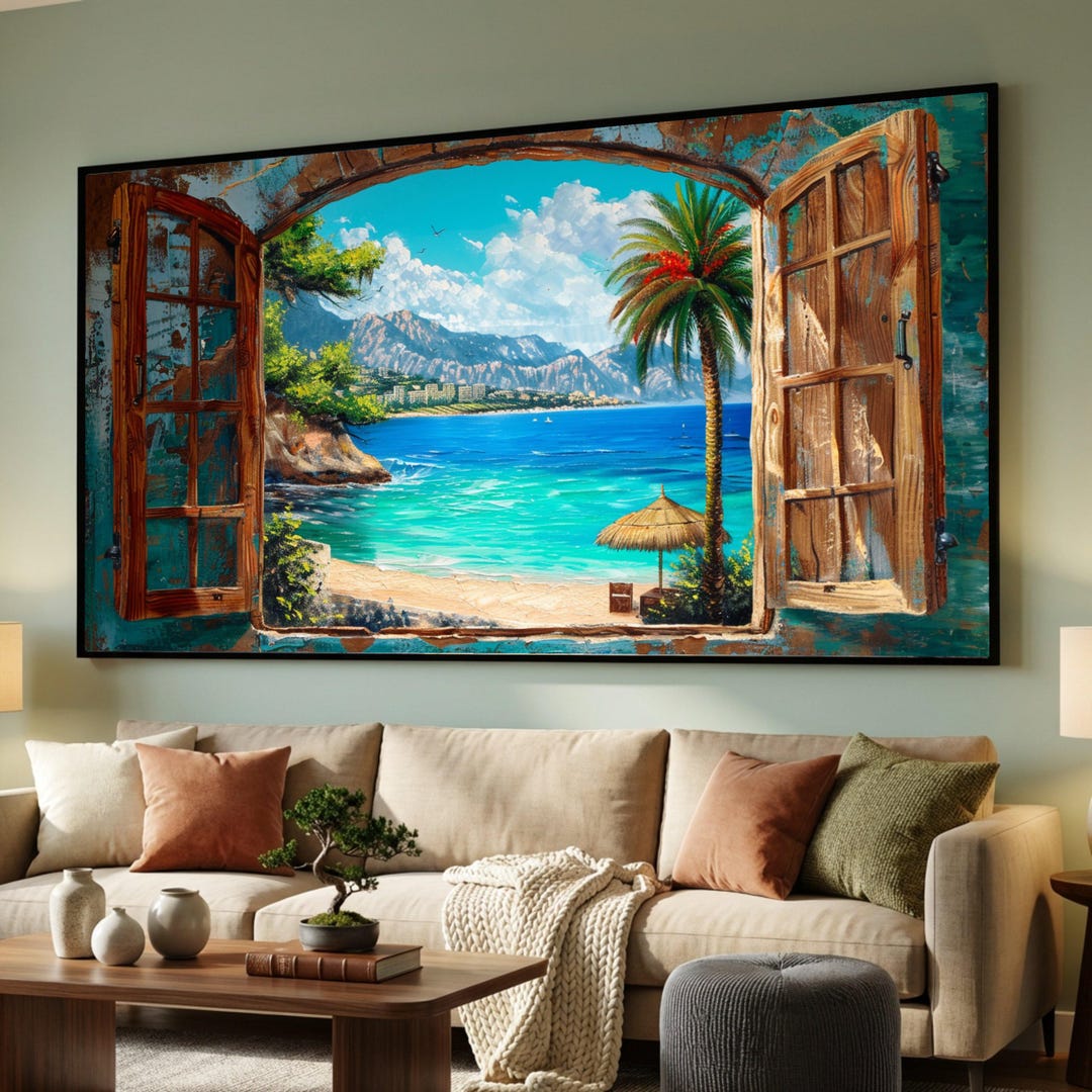 Tropical Beach View Through Open Window Canvas, Coastal Wall Art ...