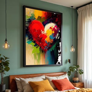 Tela de coração colorido, arte de parede abstrata de coração, impressão de coração multicolorido, design de tela de arte de parede, decoração pronta para pendurar