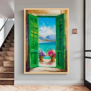 Seaside View Canvas Art, Open Green Shutters, Floral Pots, Large Canvas Wall Art, Oversized Statement Piece