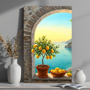 May include: A framed painting depicts a lemon tree in a terracotta pot, set within a stone archway overlooking a coastal scene. The tree is laden with yellow lemons. A bowl of lemons sits nearby. The sky transitions from yellow to blue.