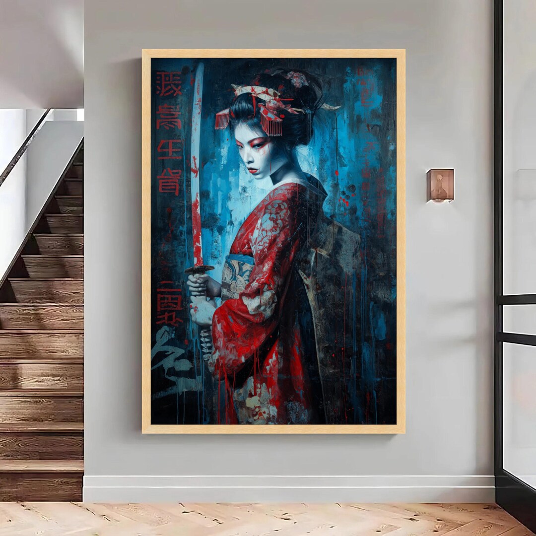 Samurai Geisha Canvas Print, Japanese Warrior Woman Art, Red Kimono ...