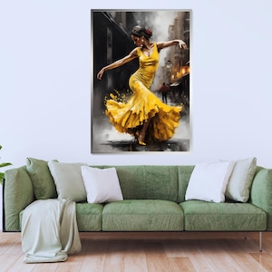 Flamenco Dancer in Yellow Dress Canvas, Spanish Dance Art, Vibrant Flamenco Wall Decor, Ready to Hang