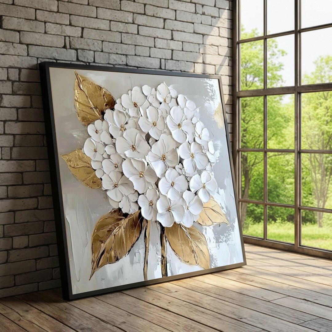 Elegant White Hydrangea Canvas, Gold Leaf Floral Wall Art, 3D Flower ...