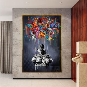 Graffiti Hot Air Balloon Canvas, Colorful Urban Art, Child in Balloon Wall Art, Wall Art Canvas Design, Ready to Hang Home Decor