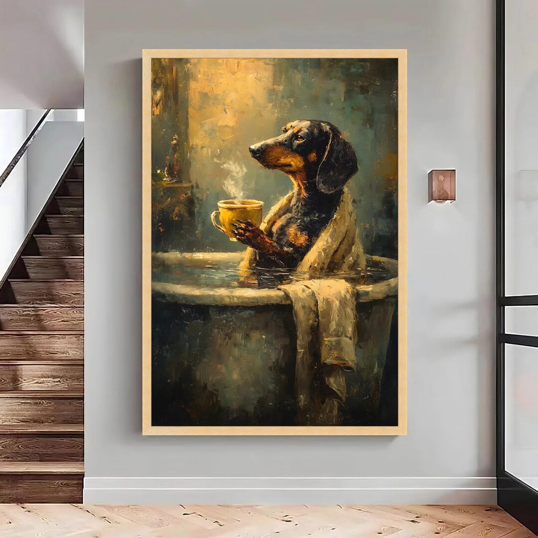 Dachshund in Bathtub Canvas Print, Humorous Dog Art, Large Canvas Wall ...