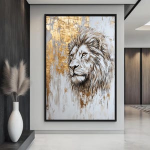 Toile portrait de lion majestueux, décoration murale accent doré, impression d&#39;animaux abstraits, décoration safari animalier, décoration murale moderne en toile