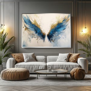 Angel Wings Abstract Canvas, Blue Gold Wall Art, Winged Beauty Print, Ethereal Decor, Wall Art Canvas Design, Ready To Hang Decoration