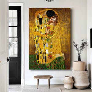 Gustav Klimt The Kiss Canvas Wall Art, Golden Romantic Embrace, Art Nouveau Lovers Printing, Decorative Canvas for Home