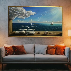 Surrealer Ozeantraum, Leinwanddruck, verträumte Meereslandschaft, Buch- und Vogeldruck, Kunstleinwanddesign, fertig zum Aufhängen