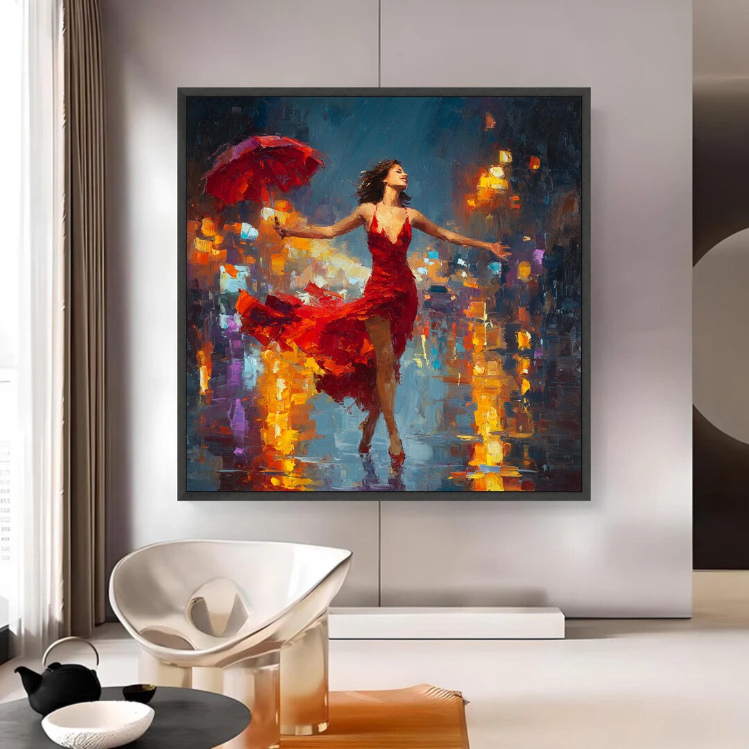 Joyful Woman in Red Dress Canvas Wall Art, Abstract Cityscape Printing ...