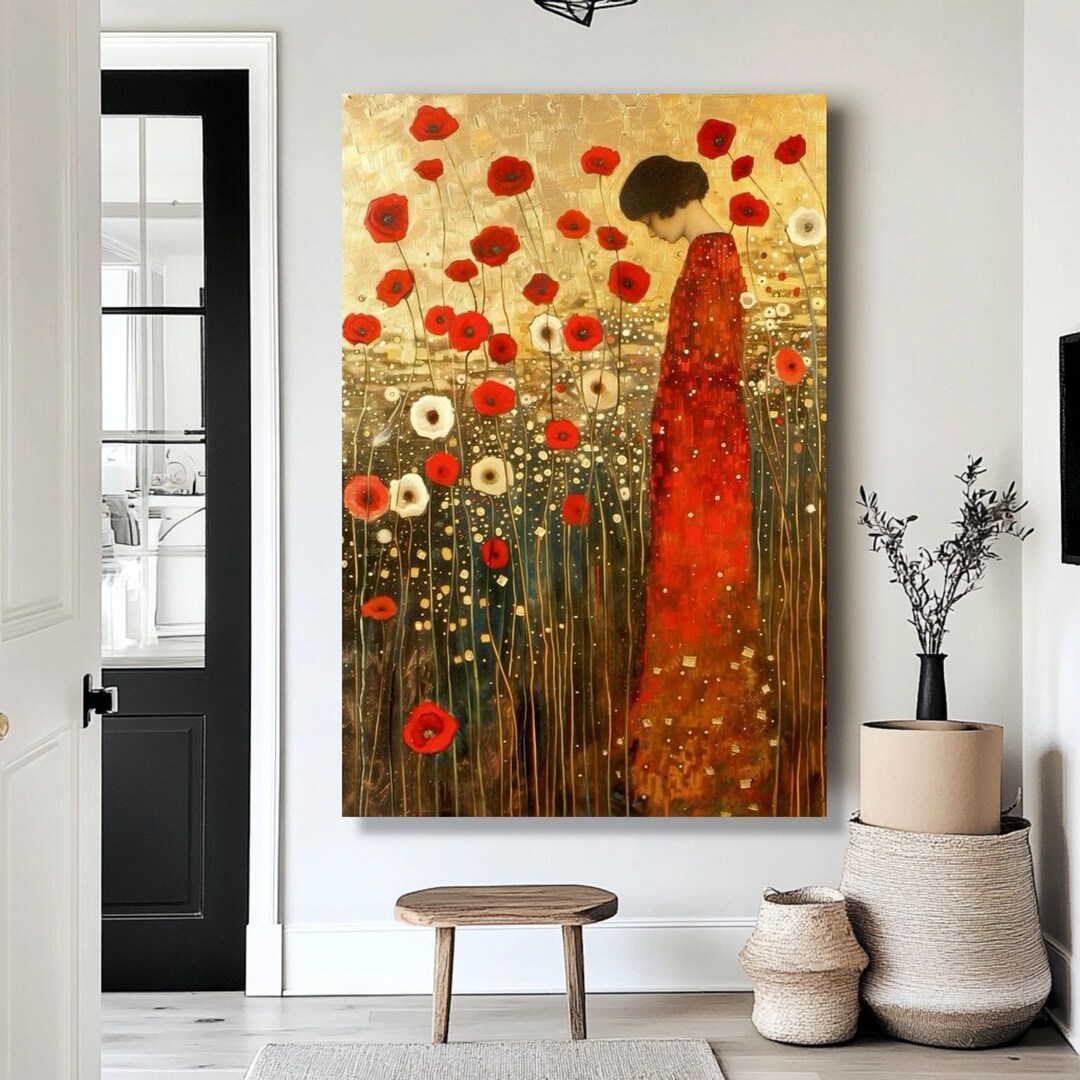 Gustav Klimt Inspired Woman in Red Dress Canvas, Poppy Flower Field ...