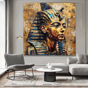 Ancient Egyptian Pharaoh Canvas Wall Art, Golden Tutankhamun Portrait, Historical Egypt Decor, Luxury Metallic Gold and Blue Canvas, Home