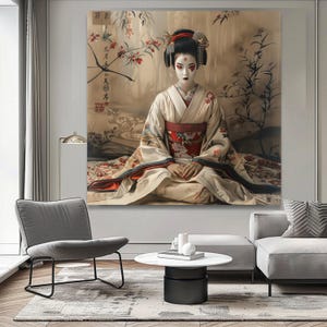 Traditional Geisha Portrait Canvas, Japanese Kimono Wall Art, Asian Woman Illustration, Elegant Home Decor, Cultural Canvas Printing