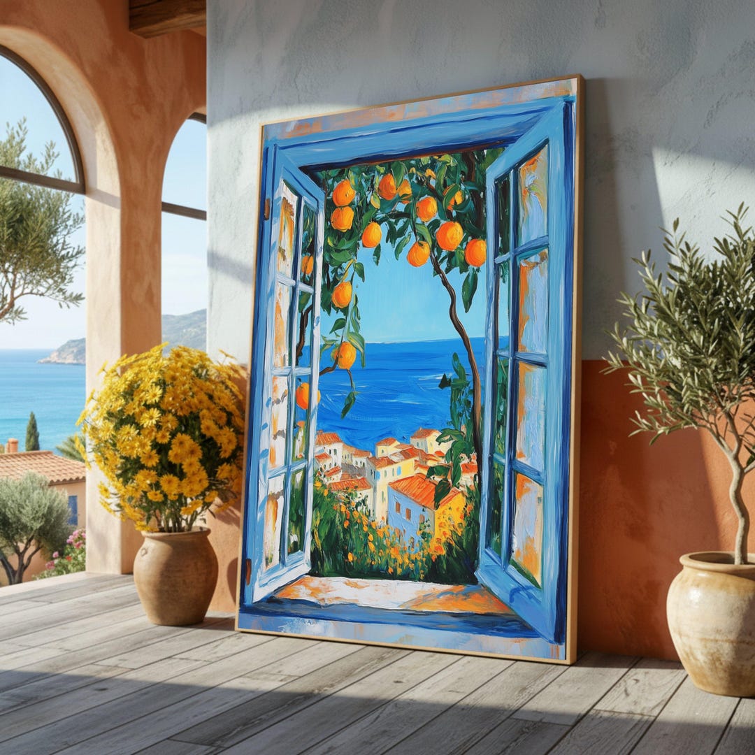 Mediterranean Seaside View Canvas, Open Blue Window Wall Art, Orange ...