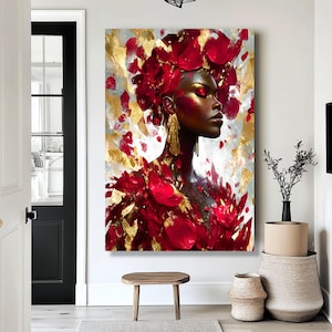 Elegant African Woman Portrait, Red and Gold Flower Canvas, Abstract Face Wall Art, Contemporary Canvas Decoration, Vibrant Floral Design