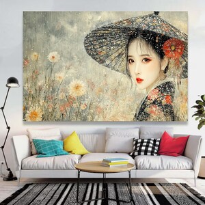 Elegant Asian Woman with Traditional Umbrella Canvas, Floral Garden Scene Wall Art, Ethereal Raindrop Effect, Japanese Style Portrait