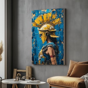 Warrior Princess Canvas, Roman Helmet Wall Art, Gold and Blue Warrior Print, Artistic Canvas Design, Ready to Hang Home Decor