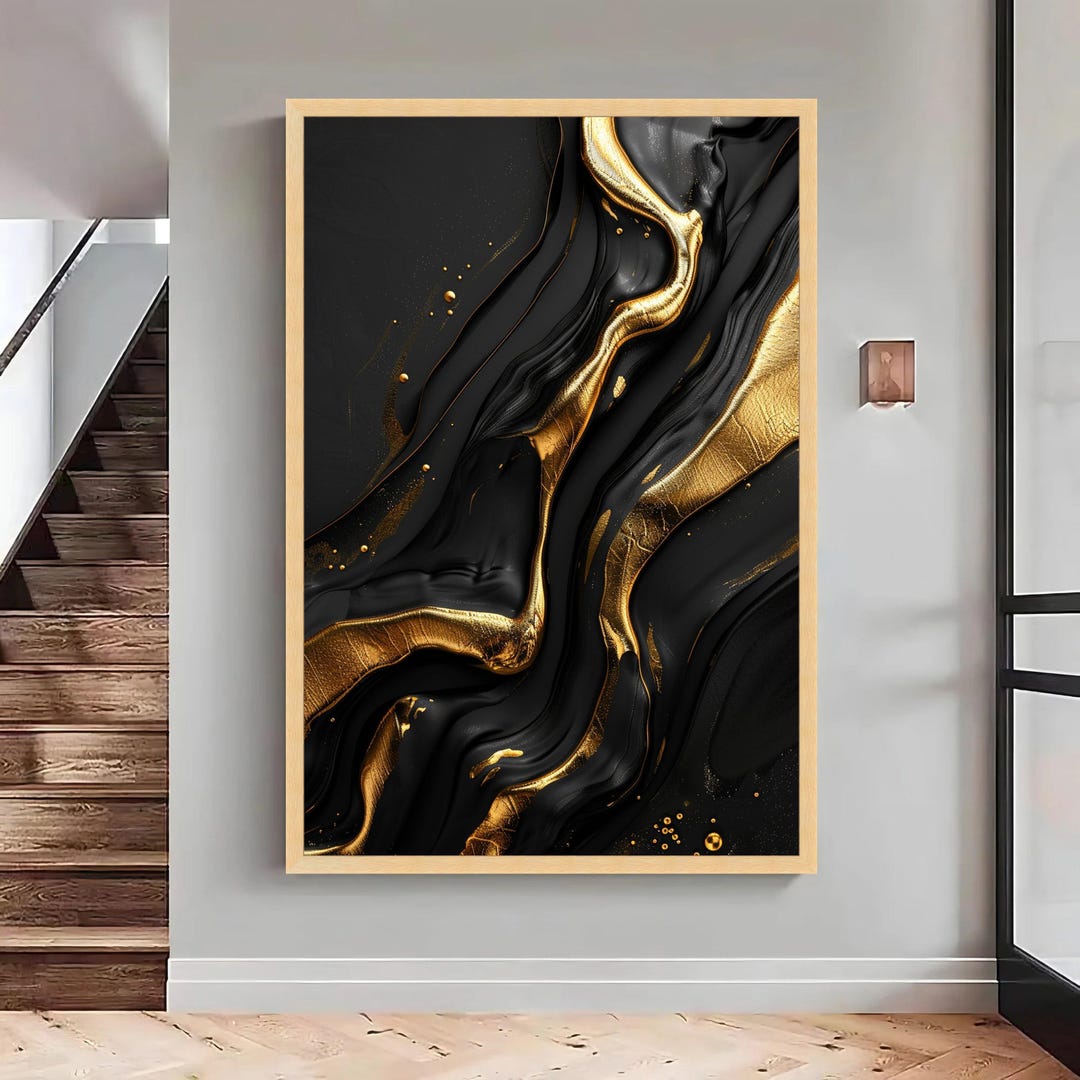 Luxurious Black and Gold Abstract Canvas, Modern Fluid Art Wall Decor ...