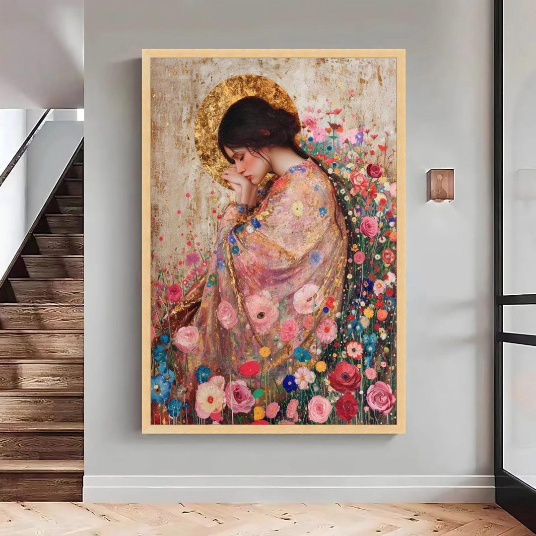 Klimt Style Woman in Floral Garden Canvas Art, Gold Halo Portrait ...