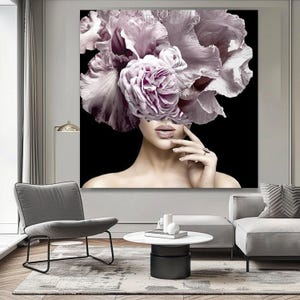 Elegant Woman Portrait with Floral Hat Canvas, Modern Fashion Wall Art, Surreal Flower Headpiece Canvas, Chic Home Decoration, Ready to Hang