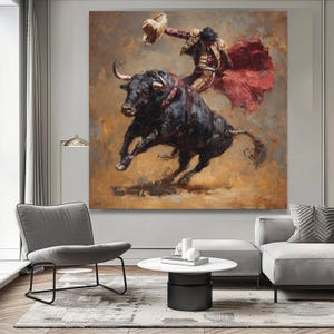 Dynamic Bullfighter Canvas Wall Art, Spanish Matador Printing, Energetic Bull Riding Artwork, Rustic Home Décor, Vibrant Bullfight Scene