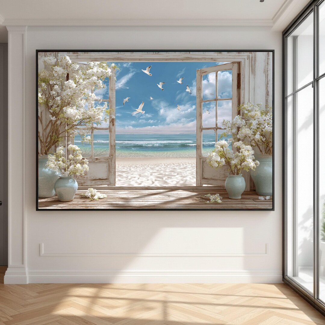 Open Beach Window Canvas, Coastal Wall Art, Seaside View With Flying ...