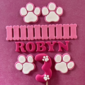 Huellas comestibles de patas rosas, cara, huesos, nombre, edad, letras y números - Adornos para tartas de fondant y glaseado - Tarta de cumpleaños infantil