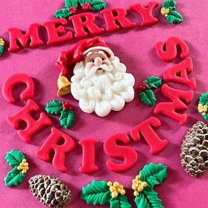 27 Edible Vintage SANTA FACE Set with Merry Christmas Letters and Holly Decorations - cake toppers Father Christmas / Santa Claus