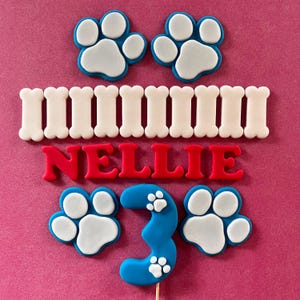 Edible Paw Prints, Bones, Shield, Name, Age, letters numbers - Icing fondant Cake Toppers - Children&#39;s Birthday Cake