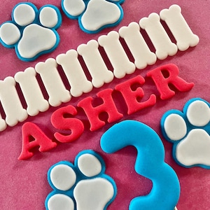 Edible Paw Prints, Bones, Shield, Name, Age, letters numbers - fondant Cake Toppers - Children's Birthday Full Party Set