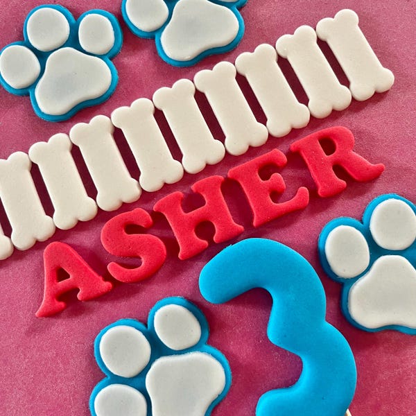 Edible Paw Prints, Bones, Shield, Name, Age, letters numbers - fondant Cake Toppers - Children's Birthday Full Party Set