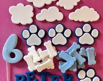 Edible letters/name age paws clouds bones choice to add BLue Or ORaNGe STaNDiNG DoG birthday Cake Decorations Icing Fondant Topper