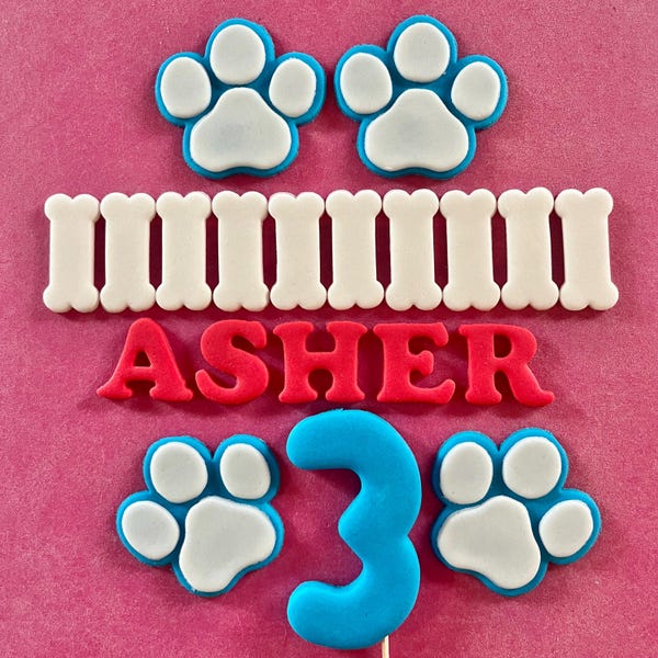 Edible Paw Prints, Bones, Shield, Name, Age, letters numbers - fondant Cake Toppers - Children's Birthday Full Party Set