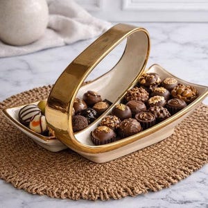 Plato de servir dividido con borde dorado, fuente rectangular de gres, bandeja para alimentos de 2 secciones, vajilla moderna.