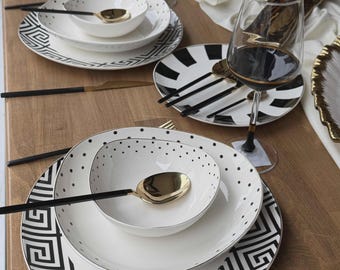 Service de vaisselle en porcelaine 77 pièces pour 6 personnes, collection de salle à manger de luxe avec détails dorés